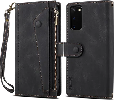 A black leather wallet case for a Samsung Galaxy S20 phone is shown open, revealing the phone slot and card slots, and closed, showing the exterior with a strap and zipper.