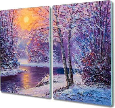 Produktbild von Coloray Kochplattenabdeckung Herdabdeckplatte 2x30x52 cm Hackbrett Schneidebrett Küchenbrett - Winterwald Fluss Sonnenuntergang
