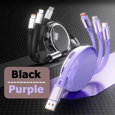 Produktbild von 2er-Set einziehbares 100-W-3-in-1-Ladekabel mit Typ-C-Anschluss (USB auf Micro-USB-C), superschnelles Ladekabel
