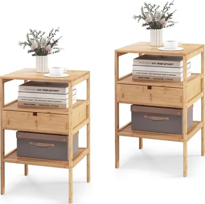 Two identical bamboo nightstands are shown against a white background. Each nightstand has a top surface with a vase of flowers and a cup of coffee, a shelf with books, a drawer, and a storage box on the bottom shelf.