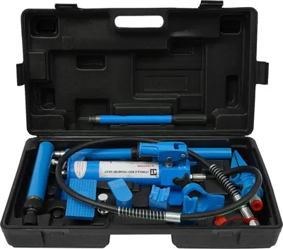Obrázek produktu pro Hydraulický zvedák – sada pro opravy karoserie/rámu – nosnost 4 t (4000 kg) – ruční – do stísněných prostor – rozměry balení 60×33×20 cm – modrý