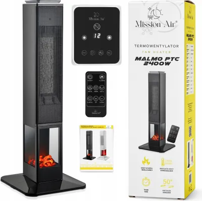 A product packaging with the heater, remote control, and control panel displayed.