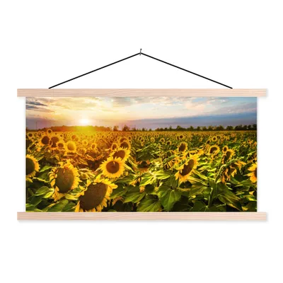 Produktbild von MuchoWow® Textilposter Blumen - Sonnenblume - Himmel 120x60 cm mit holzfarbenen Rahmen - Klemmleiste