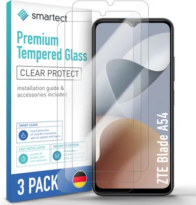 A product package for screen protectors for a ZTE Blade A54 phone, with screen protectors shown on the phone.