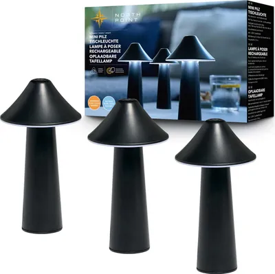 Productafbeelding van Northpoint Moderne LED-tafellamp in paddenstoelvorm, set van 3, geschikt voor binnen- en buitengebruik, met traploos dimbaar licht, USB-opladen, instelbare kleurtemperatuur (CCT) en zwarte behuizing