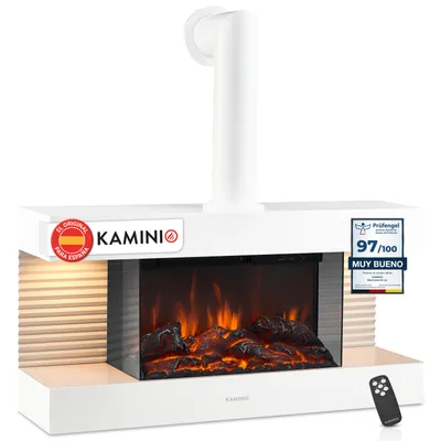 Imagen del producto de KAMINIO Chimenea eléctrica LIZ con conducto de chimenea: Chimenea eléctrica de pared con calefacción, efecto de llama 3D, luz ambiental LED y mando a distancia. Color: blanco