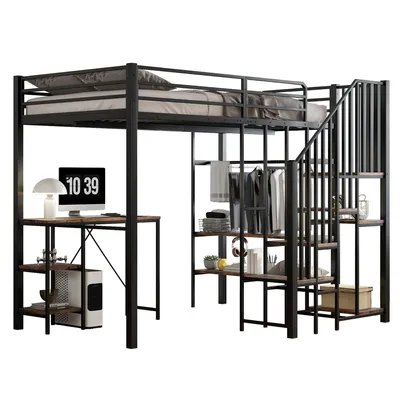 Produktbild von Hochbett mit Schreibtisch und Regal, 120x200 cm, Kinderbett mit Rausfallschutz und Treppe, Metallbett