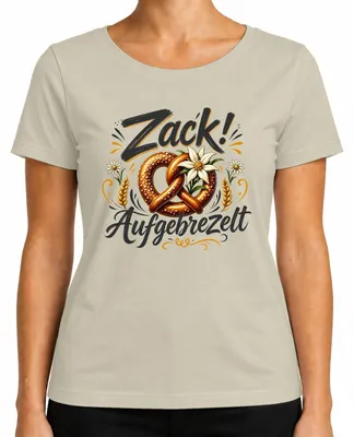 Zdjęcie produktu dla Zack! Bawarski precel, koszulka z motywem tradycyjnego bawarskiego stroju, spodnie skórzane, damski T-shirt, kolor naturalny, rozmiar S