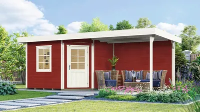 Produktbild von WEKA 213.3030.43200 Gartenhaus/Blockbohlenhaus Fides 3 mit Anbau (303 cm)/Einzeltür/Einzelfenster ; Größe: 2 ; Farbgebung: Schwedenrot ; Wandstärke: 28 mm ; Maße (LxBxH): 601 cm x 348 cm x 237 cm ; Seitenwandhöhe: 226 cm