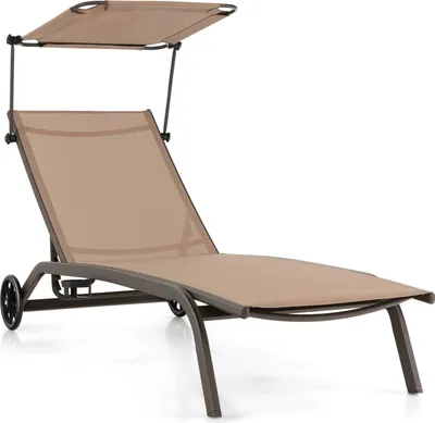 Produktbild von GOPLUS Sonnenliege mit Dach, Gartenliege Liegestuhl mit Rollen & Getränkehalter, Rücklehne 6 stufig verstellbar, bis zu 150kg , 165x61x96cm (braun)