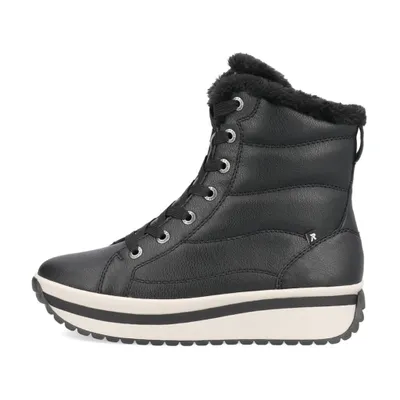 A studio shot of a black winter boot.
