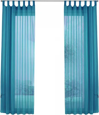 Two sheer turquoise curtains hanging on a curtain rod, covering a window with a blurred outdoor scene visible through them.