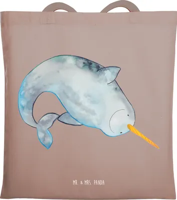 Produktbild von Mr. & Mrs. Panda Tote Bag Narwal - Braun Pastell - Geschenk, Schultasche, Tasche, Einkaufstasche, dokumententasche, Kinderzimmer, Hausfrau, Meer, Aufräumen, Uni, Wal