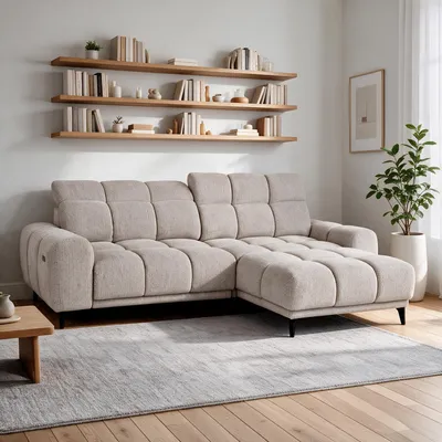 Produktbild von Ecksofa L-Form MARCO MINI 275 x 182 cm Rechte, Modernes Sofa mit elektrische Sitztiefenverstellung, verstellbare Kopfstützen, Beige Chenille