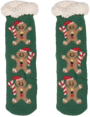 Productafbeelding van Kerstsokken met imitatiebont, in de vorm van peperkoekmannetjes, van synthetisch materiaal, one size, groen, merk Juleeze