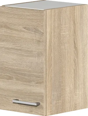 A single kitchen cabinet with a wooden finish and a silver handle.