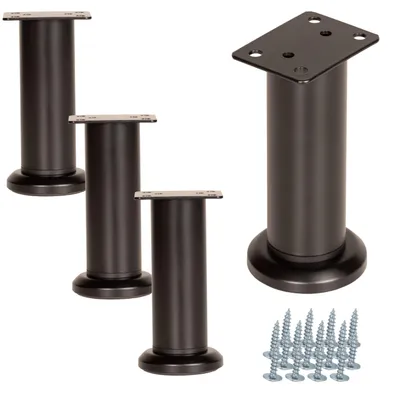 Image de Lot de 4 pieds de meuble réglables en hauteur (12–18 cm), métal noir mat, pieds droits, vis incluses (jusqu'à 150 kg)