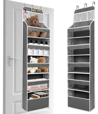 Image de Porte-objets suspendu pour placards de cuisine à 5 compartiments – Étagère à chaussures suspendue pour la salle de bains, la cuisine ou la chambre d'enfant – Rangement suspendu avec compartiments transparents et 3 poches en filet, gris