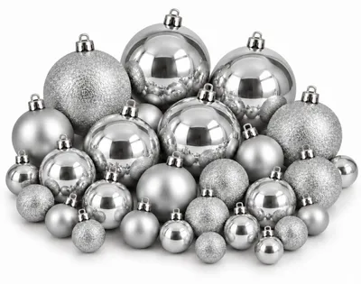 Zdjęcie produktu dla Zestaw bombek świątecznych Mica Decorations, srebrny, 46 sztuk - Bombki choinkowe odporne na pękanie, wykonane z recyklingowanego polistyrenu - średnica 4/6/8 cm - Idealne dla dzieci i zwierząt domowych - Dekoracja świąteczna