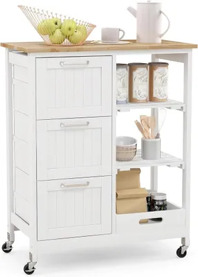 Produktbild von Küchenwagen auf Rollen, Küchenschrank mit Arbeitsplatte, bewegliche Kücheninsel Holz, Servierwagen Rollwagen Holz, Küchenrollwagen mit Schublade, Küchentrolley 67x37x83,5 cm (Weiß)