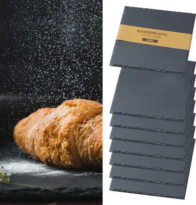 Produktbild von Schieferplatte 8er Set 20x20cm quadratisch mit Filzschonern Tischuntersetzer Steinplatte Servierplatte Untersetzer