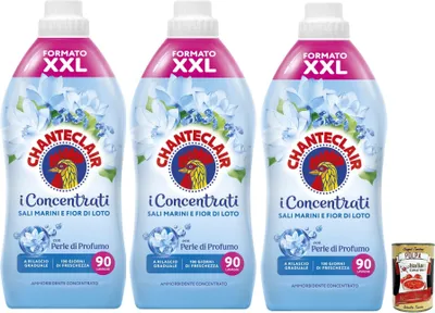 Three bottles of Chanteclair fabric softener and a small can of tomatoes.
