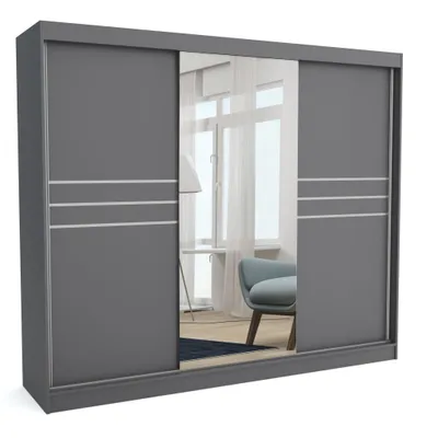 Produktbild von Kleiderschrank TOM II 250 ANTRACITE, 250x60x215 cm – Schiebetüren mit Spiegel, Kleiderstange & Regalböden, Garderobenschrank, Moderner Kleiderschrank