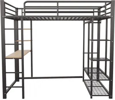 Produktbild von Hochbett 90x200cm Ohne Matratze Schwarz Eisenbett Jugendbett Mit Leiter Und Tisch Ablagefaechern Einzelbett Kinderbett