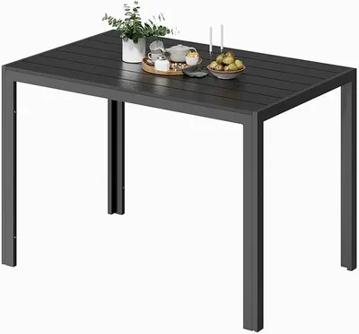 Obrázek produktu pro Venkovní stůl s odolnou konstrukcí z hliníku, rozměry 110 x 70 x 74 cm. Venkovní stůl z kompozitního materiálu (WPC) s povrchovou úpravou imitující dřevo, vhodný na balkon, do zahrady nebo na terasu, pro 4-6 osob, barva: černá + tmavě šedá