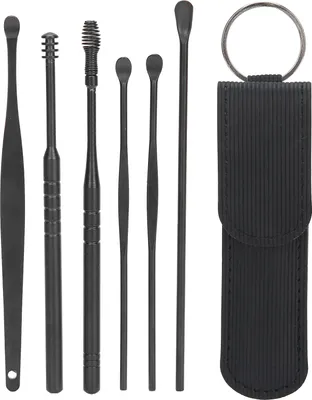 A set of black ear cleaning tools and a black storage pouch with a keyring.