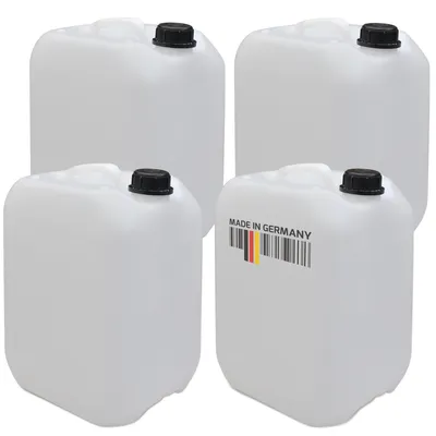 Four white plastic water canisters with black caps are arranged in a group on a white background. One canister has a barcode and the text 'MADE IN GERMANY' with the German flag colors.
