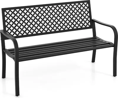 A black metal garden bench with a decorative backrest and slatted seat and armrests, shown against a white background.
