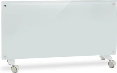 A white glass panel electric heater with wheels.