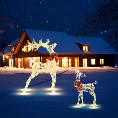 Produktbild von GOPLUS LED Rattan Rentier, 90 cm Weihnachtsfiguren beleuchtet, 3D WeihnachtsNachbildungation mit warmweißen Lichtern, Stangen, Kabelbinder für Außen & Innen