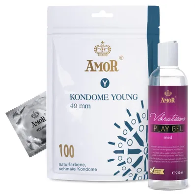 Obrázok produktu pre AMOR Premium Kondom a lubrikant Set - 100 kondómov Ø 49 mm + Vibratissimo Play Gel med 250 ml