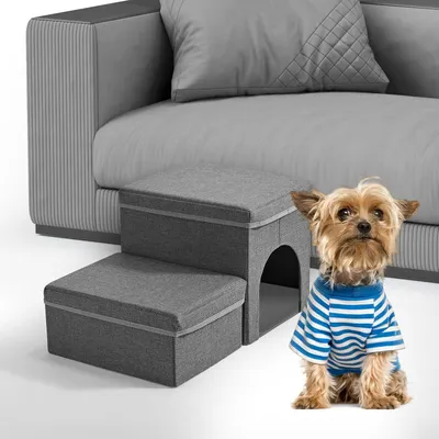 Image de Escalier pour chien, Sunowl Escalier pour chien pliable à 2 marches, escalier pour chien extra large, couchage avec espace de rangement et maison, surface douce et antidérapante pour petits chiens et chats