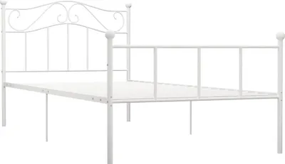 A white metal bed frame is shown against a white background.