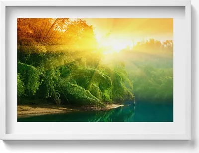 Produktbild von Landschaft der Natur im Sonnenschein– Wandbild mit Rahmen – Gerahmtes Bild  – Wanddekoration – 70x50 cm –  Weiß Rahmen
