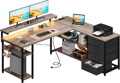 Obrázok produktu pre Herný stôl ODK LED v tvare L so zásuvkami 135 × 110 cm