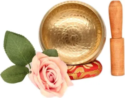Produktbild von Original Tibetische Klangschale handgefertigt in Nepal - Heilung Bewusstsein Meditation - mit Sockel und Holzkuppel - Golden Hammered Big