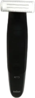 A black electric trimmer with a white shaving head is shown against a white background.