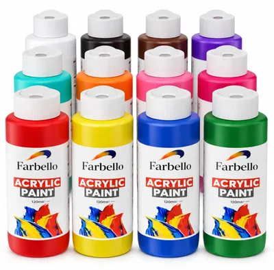 Produktbild von Acrylfarbe Acrylfarben Set - 12 x 120 ml - Hochpigmentiert - Wasserbasis - Wasserfest nach Trocknung - Für Leinwand, Holz, Stein, Papier und Stoff