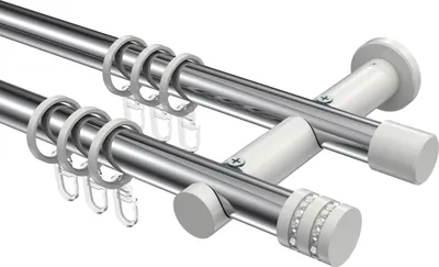 Produktbild von Interdeco Gardinenstange / Vorhangstange Chrom / Weiß, Typ Platon Estana (Glitzerkappe), 20 mm Ø 2-läufig, 280 cm