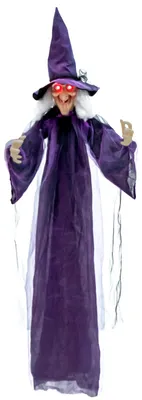 Produktbild von COSTWAY Halloween Deko Hexe Hängend, 180 cm animierte Hexe,  Hexen-Requisite mit leuchtendem Augen, gruseligem Sound, beweglichen Armen, Lila