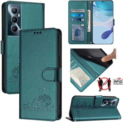 Produktbild von Leder Hülle für Realme C65 4G Süße Katze Flip Case Brieftasche Schutzhülle mit Standfunktion Grün