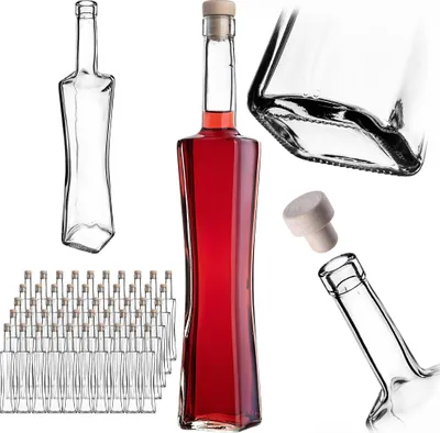 Zdjęcie produktu dla KADAX butelki na likier 500ml, 50 sztuk, puste szklane butelki z korkiem, butelki na sok, kwadratowe butelki do napełniania likierem i winem, butelki na sznapsa, butelki na wino