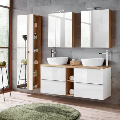 Produktbild von Badmöbel Set mit Doppel-Waschtisch mit 2 Aufsatzbecken und 2 Spiegelschränken TOSKANA-56 Hochglanz weiß/Wotaneiche BxHxT ca. 205/190/46cm