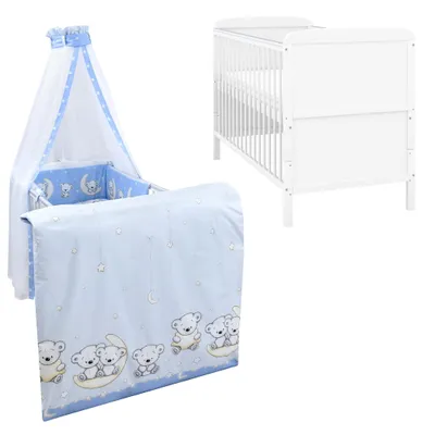 Produktbild von Baby-Delux Babybett Kinderbett Natalie Umbaubar 140x70 Weiß Beißschienen Bettset Komplett mit Motiv Teddy Mond Blau