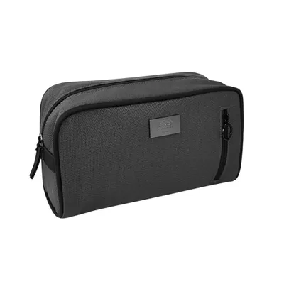 A black toiletry bag with a zipper and a small metal plate with the BOSS logo.