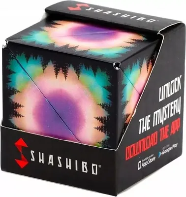 A product box for a Shashibo toy, featuring colorful abstract art and text.